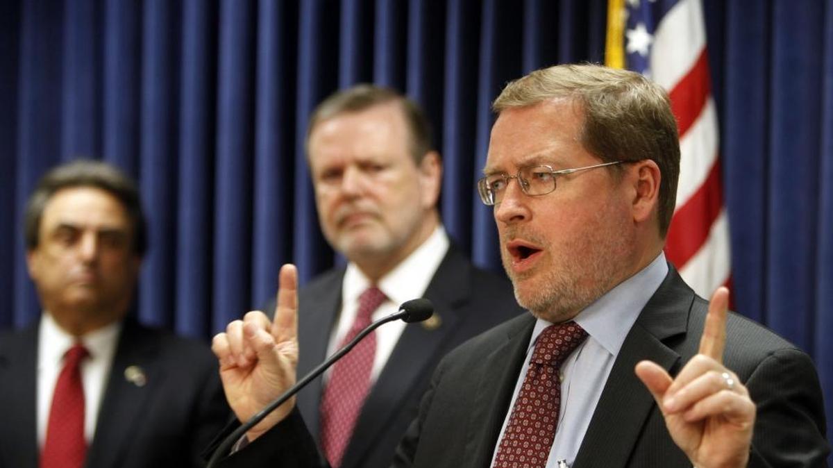 Grover Norquist, right, founder of Americans for Tax Reform, speaks to members of the media on Thursday, May 16, 2013 at the N.C. General Assembly. He addressed issues of tax reform with Republican Sens. Phil Berger, center, and Bob Rucho.