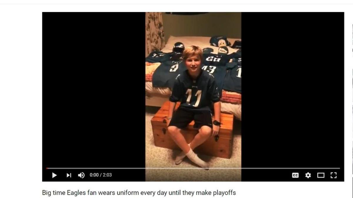 A 12-year-old North Carolina boy has worn a Philadelphia Eagles jersey for 176 days (and counting), in hopes the team wins the Super Bowl.