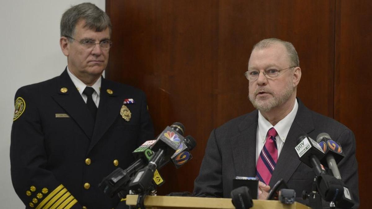 Charlotte City Manager Ron Carlee and Charlotte Fire Chief Jon Hannan speak at a press conference about the release of an investigator’s report into the firing of whisteblower Crystal Eschert, who claims it was retaliation for her complaints about a building under renovation.