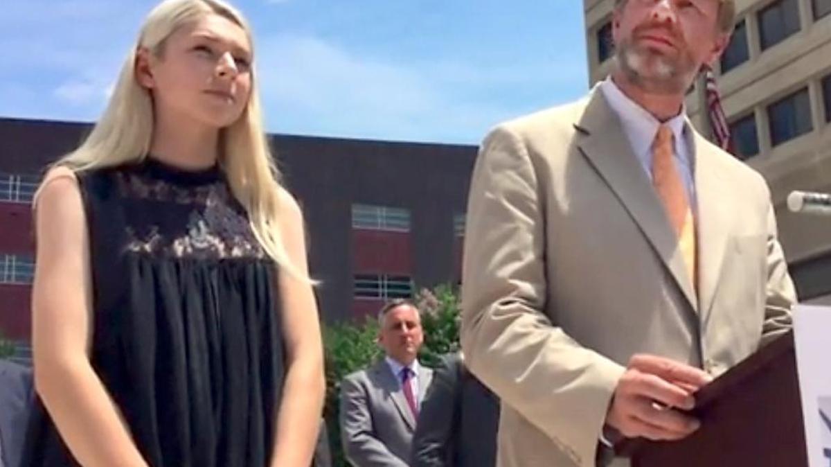 Mac Schafer, father of Hunter Schafer, a transgender NC School of the Arts student challenging HB2 and its replacement, talks with reporters with Hunter by his side outside of the federal courthouse in Winston Salem, N.C., on August 1, 2016. Hunter is a recent high school graduate, modeling in New York and London. Her father is the pastor of Hudson Memorial Presbyterian Church in Raleigh, N.C.