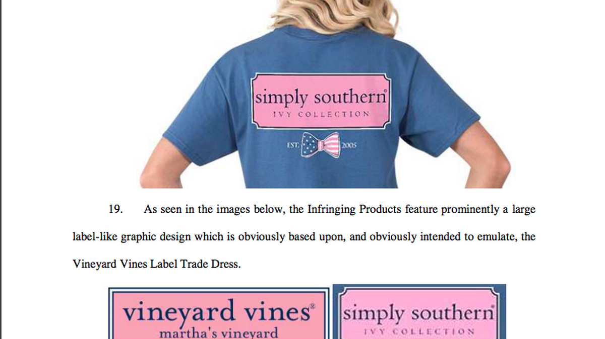Vineyard Vines, an upscale casual clothing company, has sued Dazzle Up’s ‘simply southern” line, claiming the Greensboro company has ripped off Vineyard Vine’s signature label.