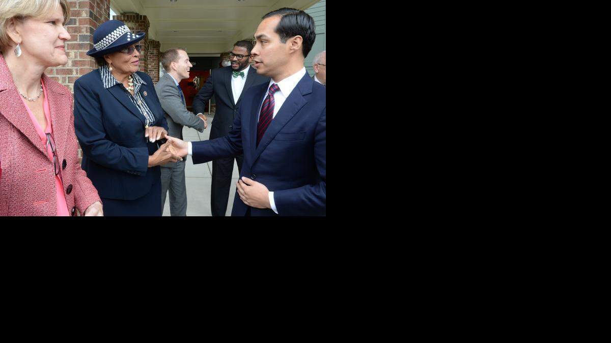 
U.S. Department of Housing and Urban Development Secretary Julian Castro, right, is greeted Thursday by U.S. Rep. Alma Adams, center, and Julia Porter, left, president of the Housing Partnership, after the ribbon cutting and dedication ceremony of The Dannelly at the Catawba.



