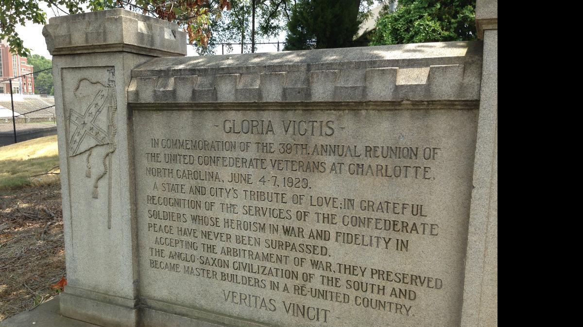 
The monument shrouded by foliage and shrubbery between Memorial Stadium and Grady Cole Center on Kings Drive was erected in 1929 during the United Confederate Veterans’ 39th reunion and features the Confederate flag four times. 
