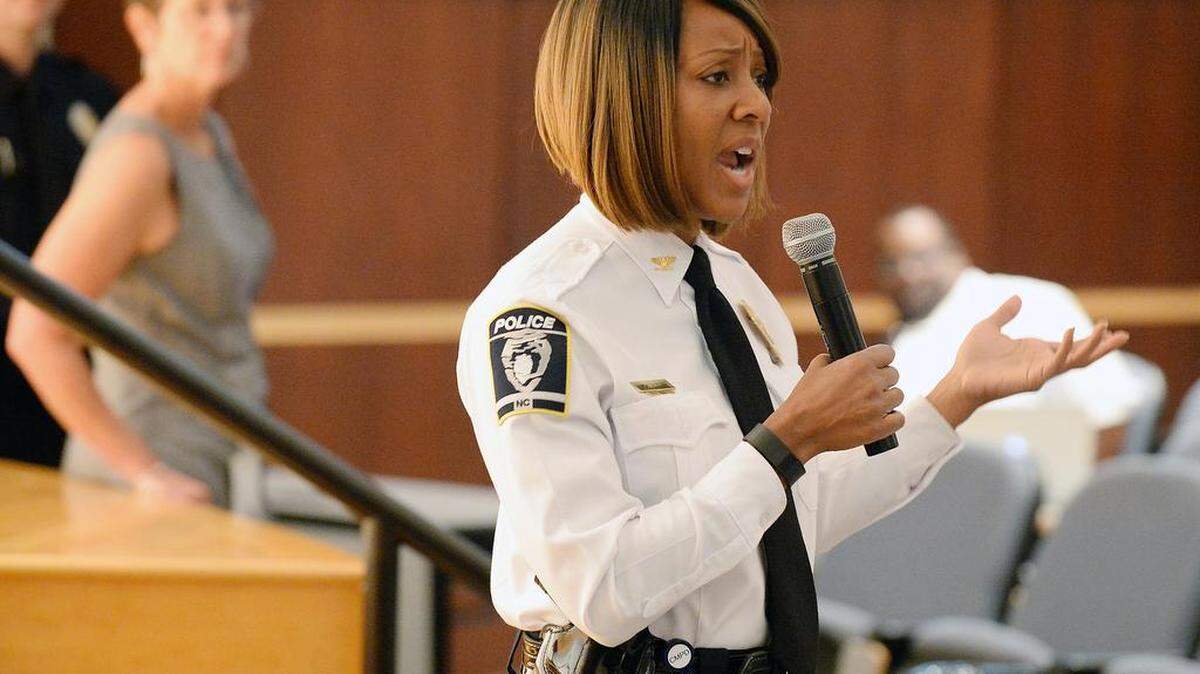 
Deputy Chief Vicki Foster of support services addresses the audience at the beginning of the seminar. CMPD officer Chris Kopp introduced "House of Worship Safety" seminar to an auditorium of over 100 guests from local places of worship. Topics discussed in the seminar included personal safety, building security and active shooter responses for civilians.
