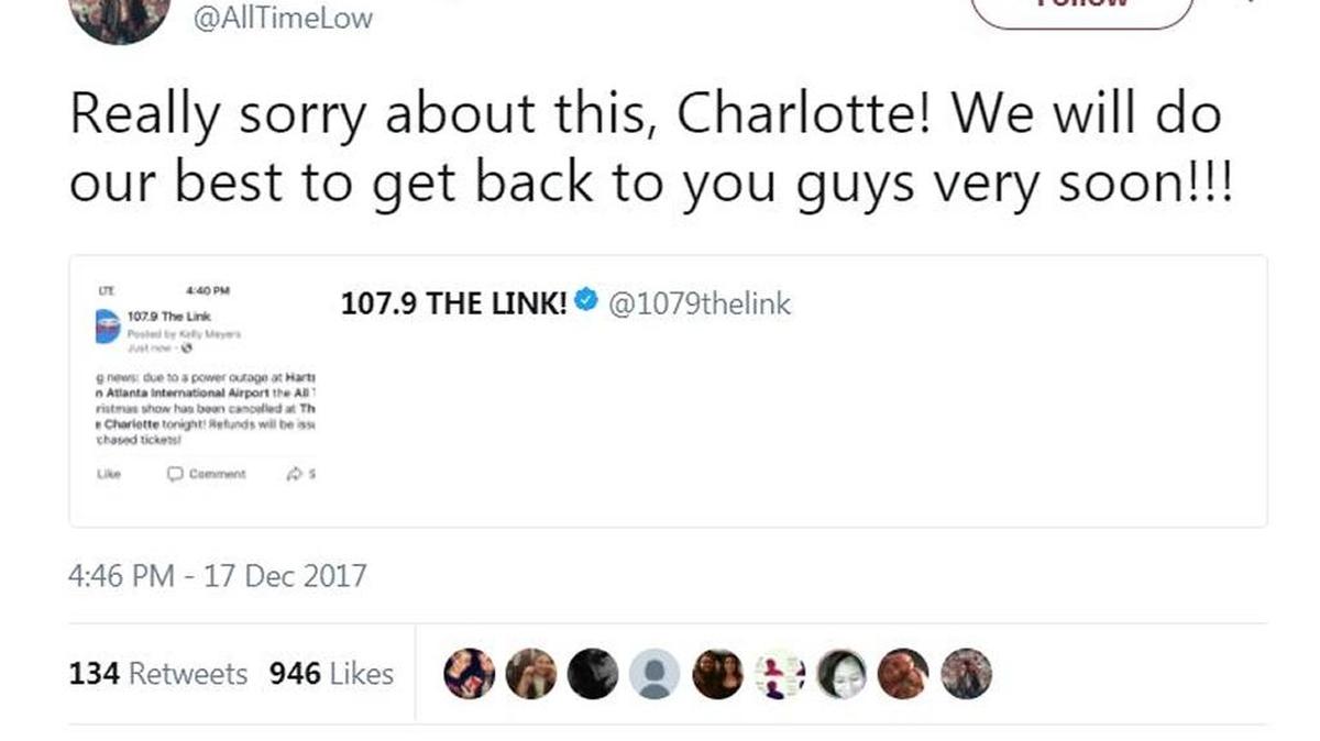 The band All Time Low apologized on Twitter after canceling its Charlotte concert Sunday.