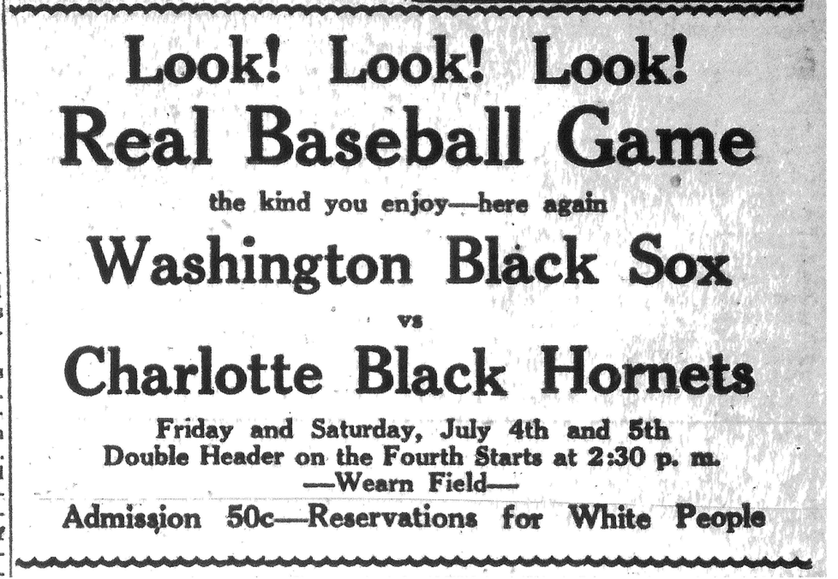 A 1930 Charlotte Observer ad for the Charlotte Black Hornets, one of the region’s better known Negro Baseball League teams.