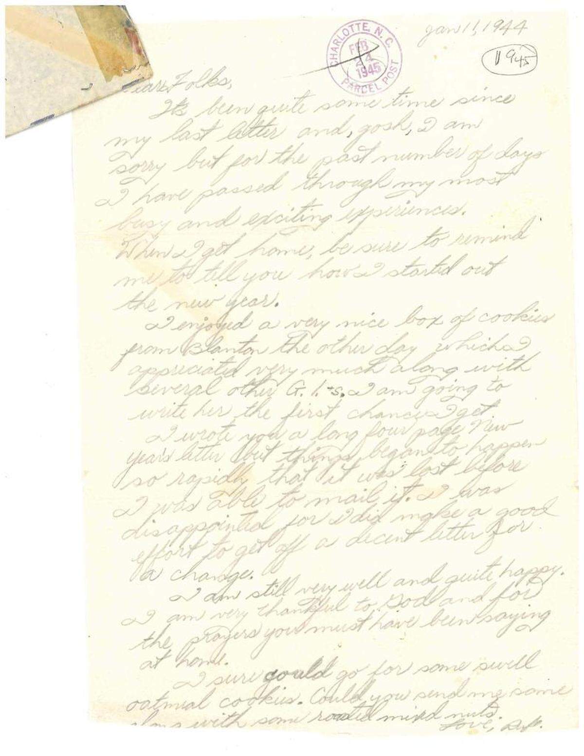 A letter Rufus Dalton wrote to his parents while he was serving in World War II. “Every parent waited by the mailbox every day for a good letter,” Harry Dalton says, “hoping not to get a bad letter.”