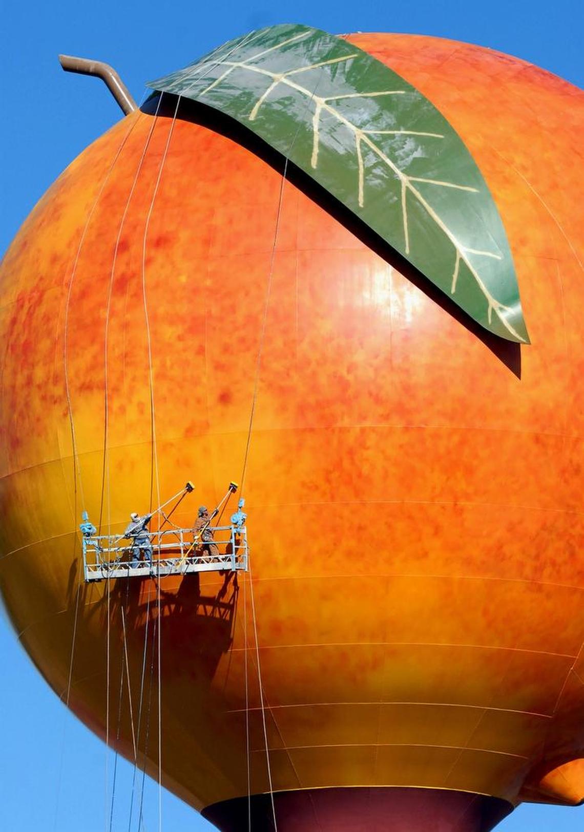 Workers use scrubbers to clean the outside of the Peachoid water tower in Gaffney, S.C.
