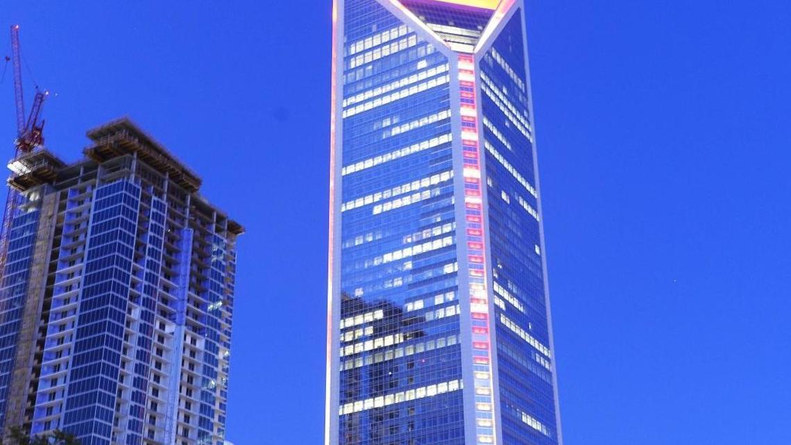 The Duke Energy Center as darkness falls on uptown Charlotte.