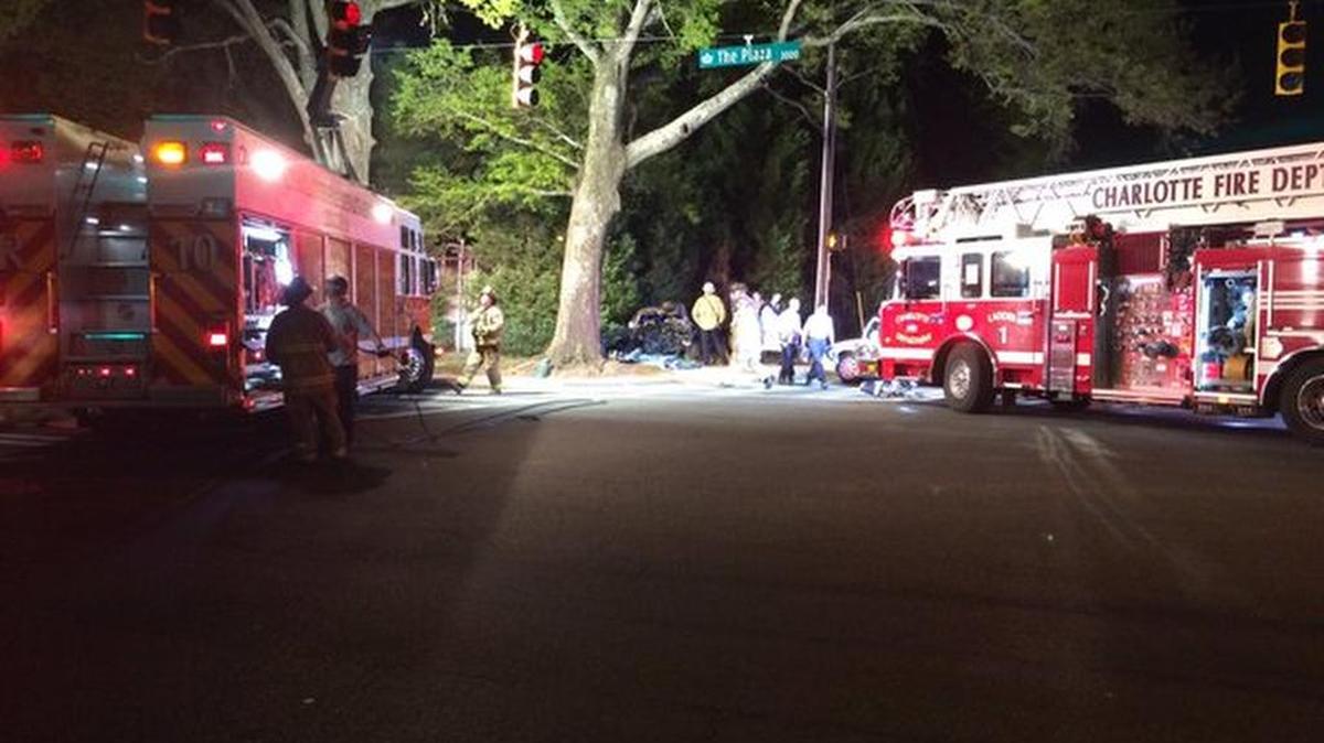 Matheson Avenue at The Plaza is closed after a vehicle traveling at least 100 mph slammed into a tree