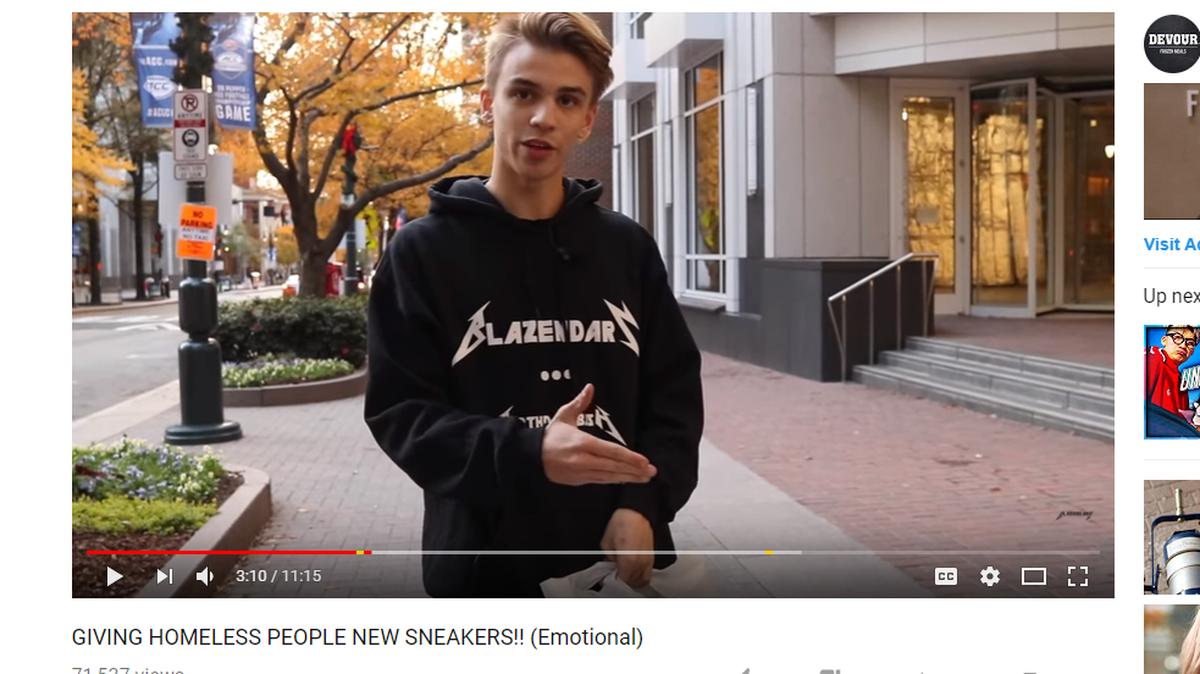 YouTube star Giancarlo Purchia, better known as Blazendary, recorded himself giving away shoes to the homeless on Tryon Street.