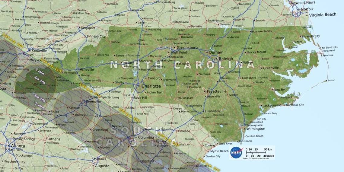 The path of the Aug. 21 total solar eclipse across western North Carolina.