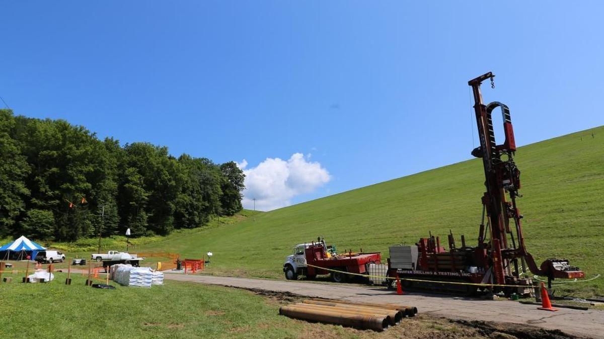 
A well is drilled as part of work to plug a dam leak in New York state.
