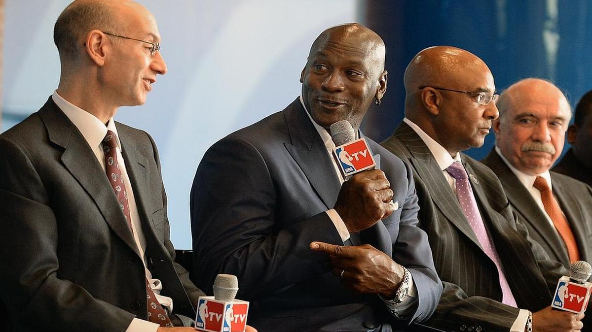 
Michael Jordan points to NBA Commissioner Adam Silver during the press conference announcing that the NBA All-Star game would come to Charlotte. 
