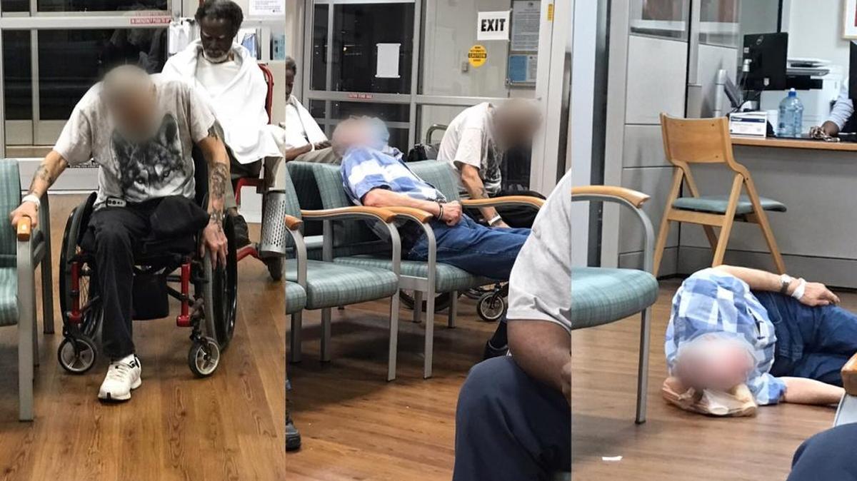 Three photos posted to Facebook by Hanna McMenamin showing patients at the Durham VA hospital including one man who went from his chair to the floor of a waiting room. The faces of the patients have been obscured to protect their identities.