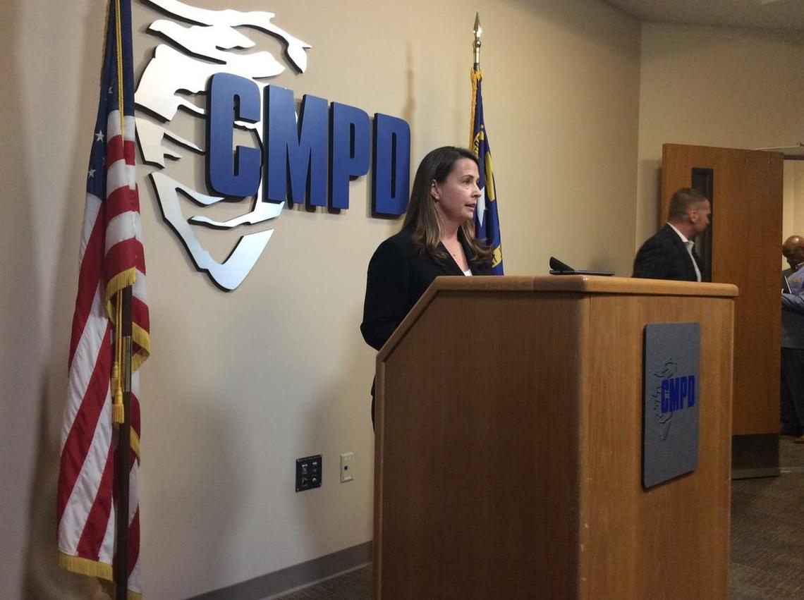Charlotte-Mecklenburg Police Lt. Melanie Peacock addresses reporters at CMPD headquarters on Friday about an arrest in the sexual assaults this week of two women, in Myers Park and Dilworth.