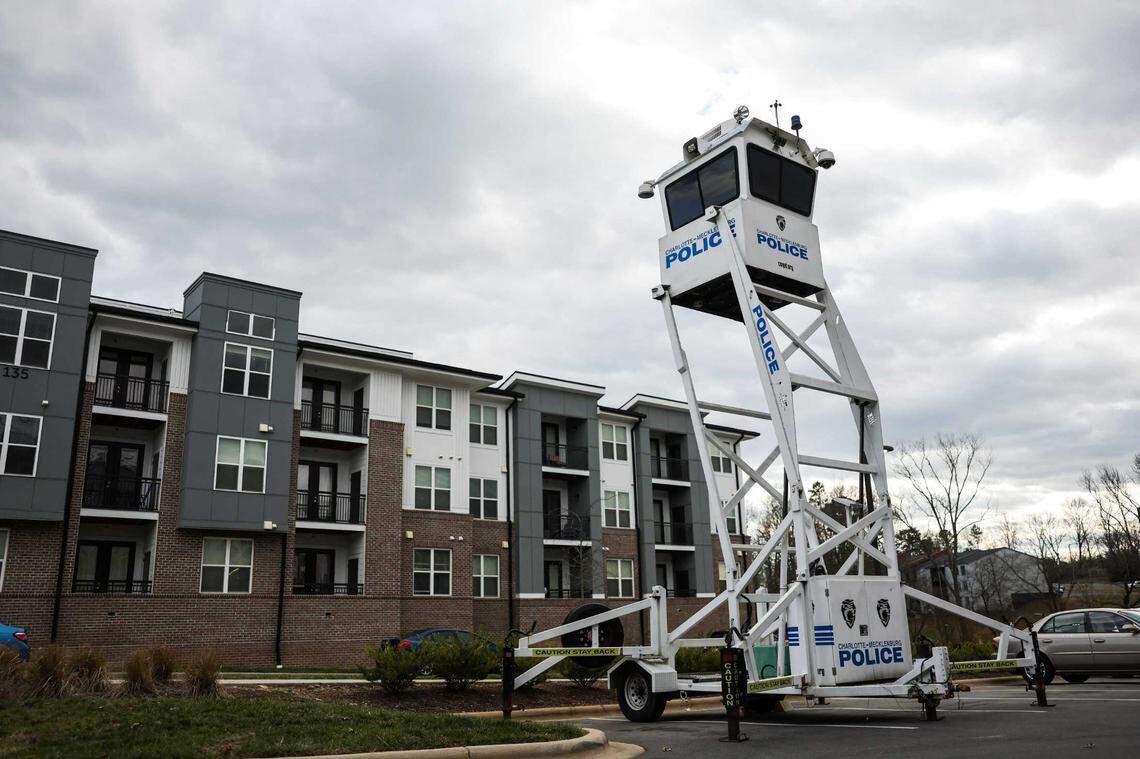 A CMPD mobile tower sits on Archdale Drive, near where a person was killed in December.