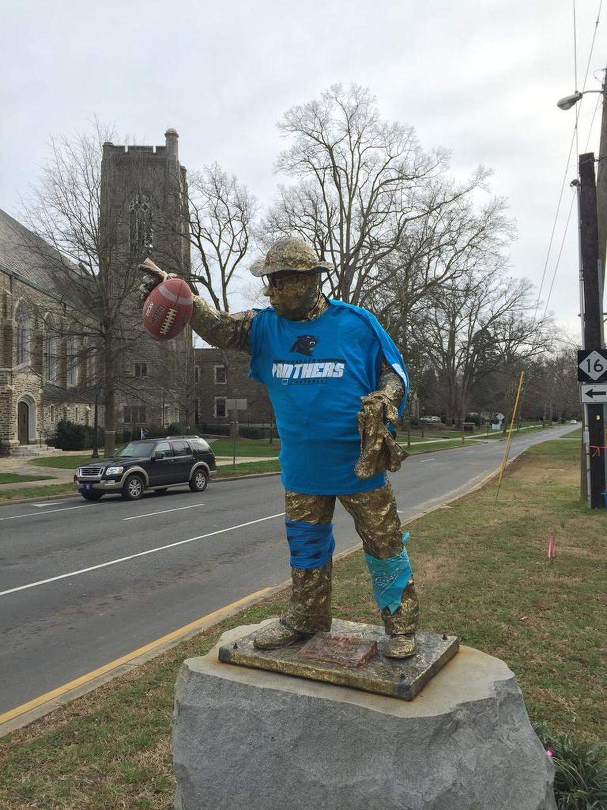Hugh was draped in Carolina Panthers colors and garb in February 2016 as the team prepared to play in Super Bowl 50.