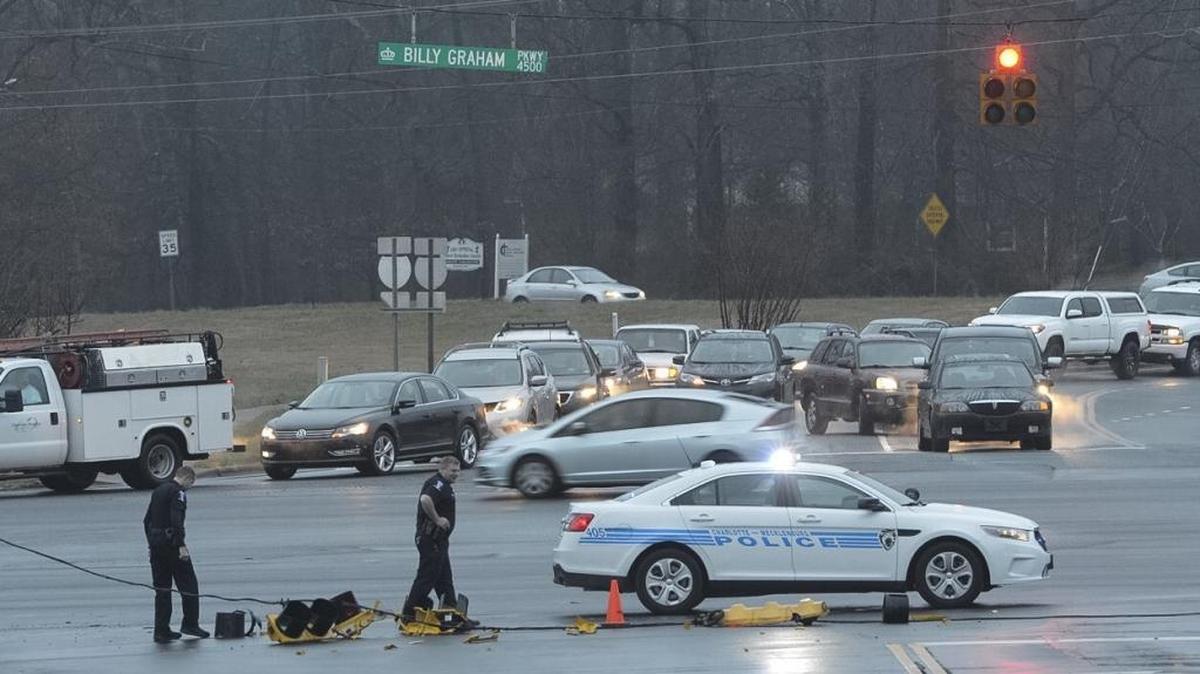 An accident Tuesday morning at Billy Graham Parkway and Boyer Street brought down power lines. There were no injuries.