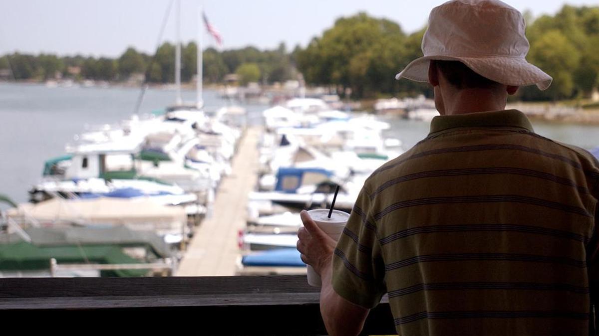 Boats docked near The Rusty Rudder on Lake Norman.