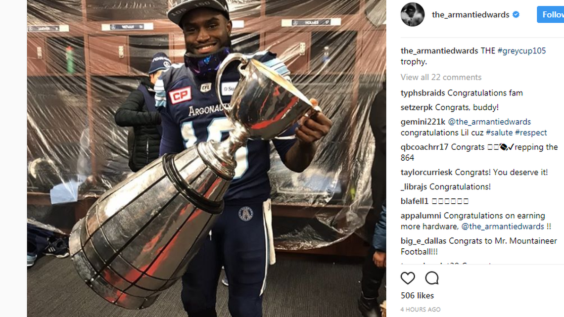 Armanti Edwards with the Grey Cup