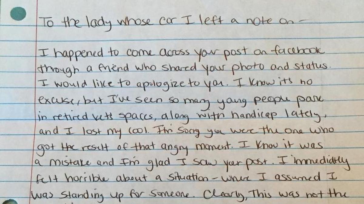 Local vet Rebecca Hayes said she received this apology from the same person who condemned her for using veteran’s parking