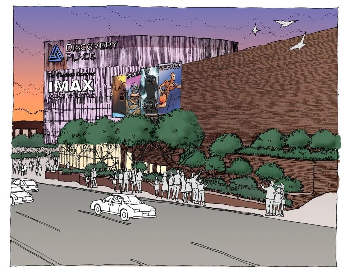 An architect’s drawing of a 1980s addition to Discovery Place when the IMAX theater was put in.