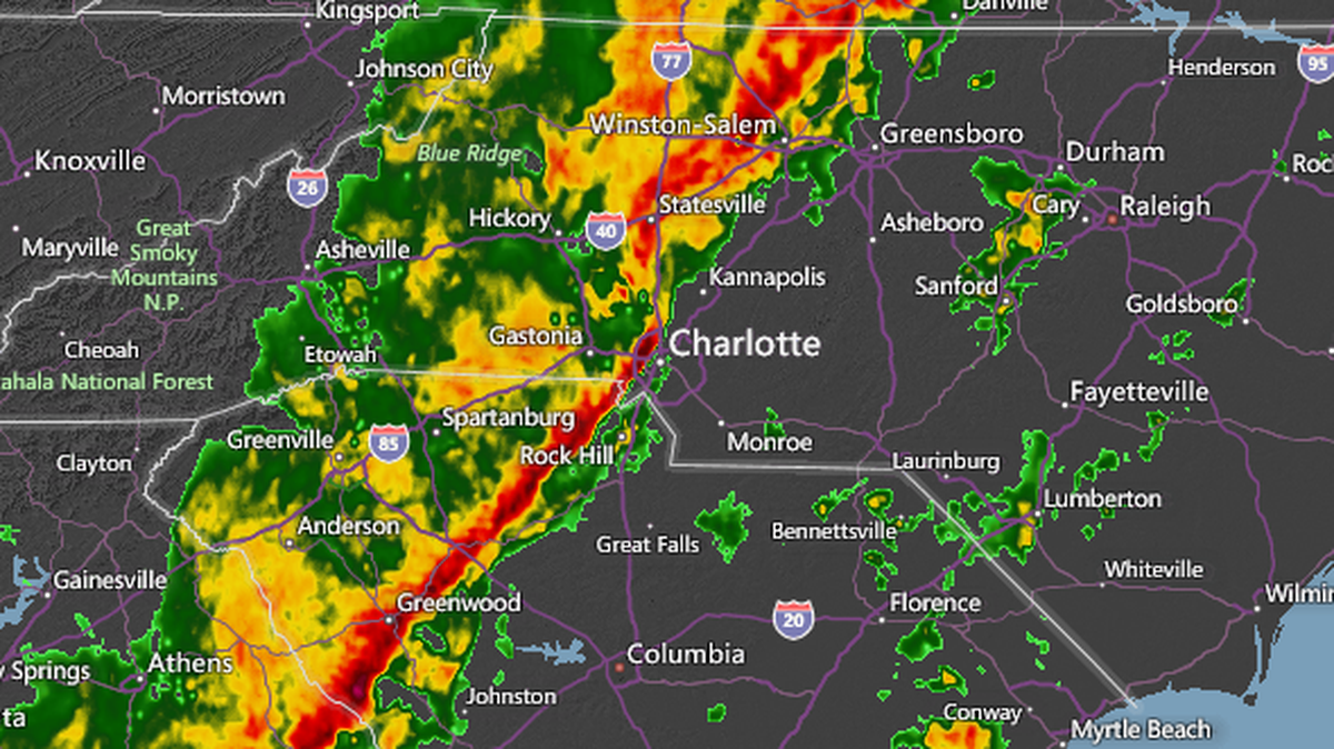 This Accuweather radar image from 12:15 p.m. shows a strong storm approaching uptown Charlotte from the west.