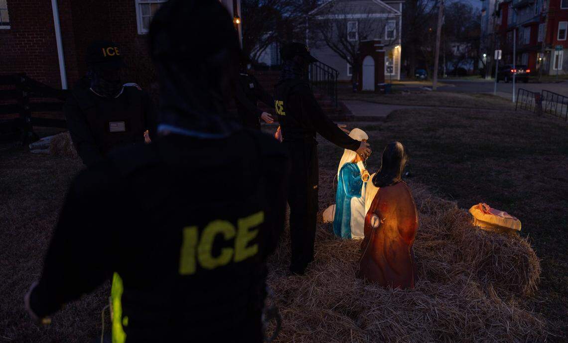 A Nativity scene with an addition of mannequins dressed in ICE uniforms that appear to be making arrests outside of Missiongathering Church.