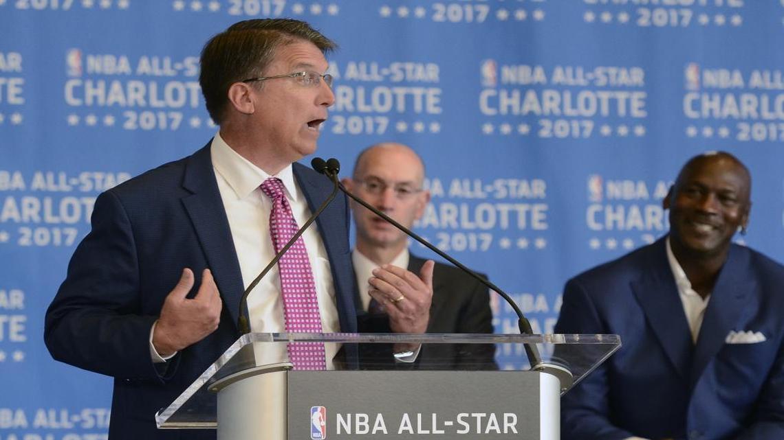 Governor Pat McCrory thanks NBA Commissioner Adam Silver and pokes fun at Michael Jordan during a press conference announcing Charlotte would host the 2017 NBA All-Star game. Atlanta is lobbying the NBA to move the game there after the passage of House Bill 2 last week.