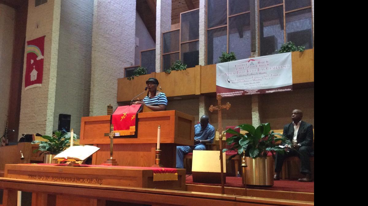 
Corine Mack, president of the Charlotte NAACP, encourages congregants to “no longer be silent.”
