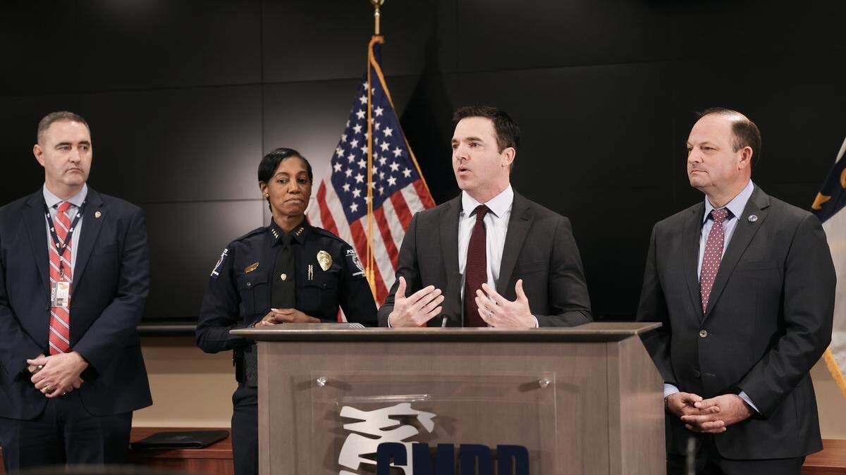 North Carolina Attorney General Jeff Jackson speaks Monday at a press conference on fentanyl money laundering as it relates to messaging apps owned by China. Surrounding Jackson from left is Charlotte Deputy Police Chief Ryan Butler, Charlotte Police Chief Estella Patterson and S.C. Attorney General Alan Wilson.
