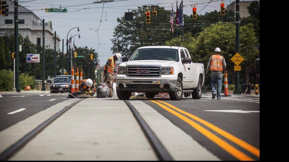 
On Monday, crews were working to get the rail ready for the new streetcar section that opens in July.

