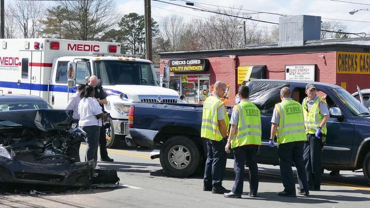 At least one person was taken to the hospital from a wreck on South Tryon Street just north of Remount Road on Wednesday afternoon