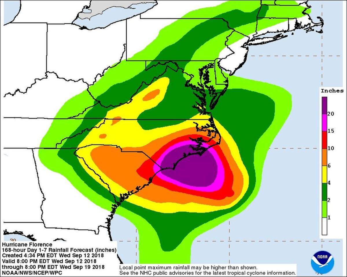 Projected rainfall totals from Hurricane Florence.
