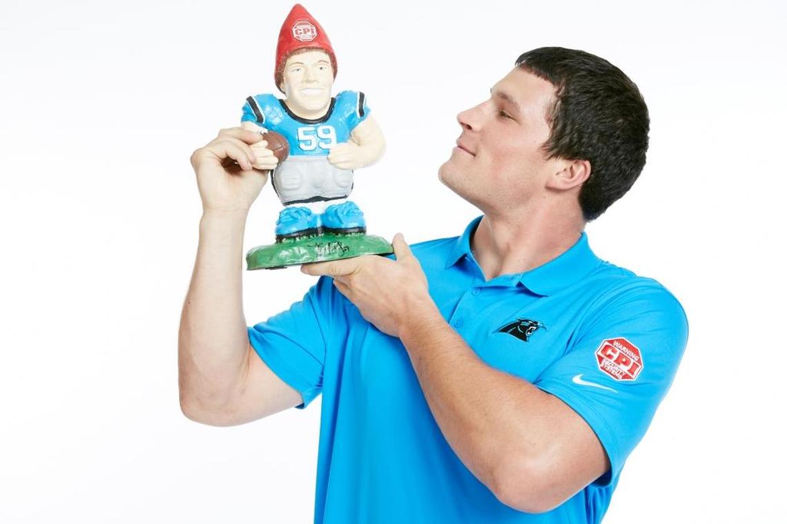 Carolina Panther Luke Kuechly and the Luke Kuechly gnome.