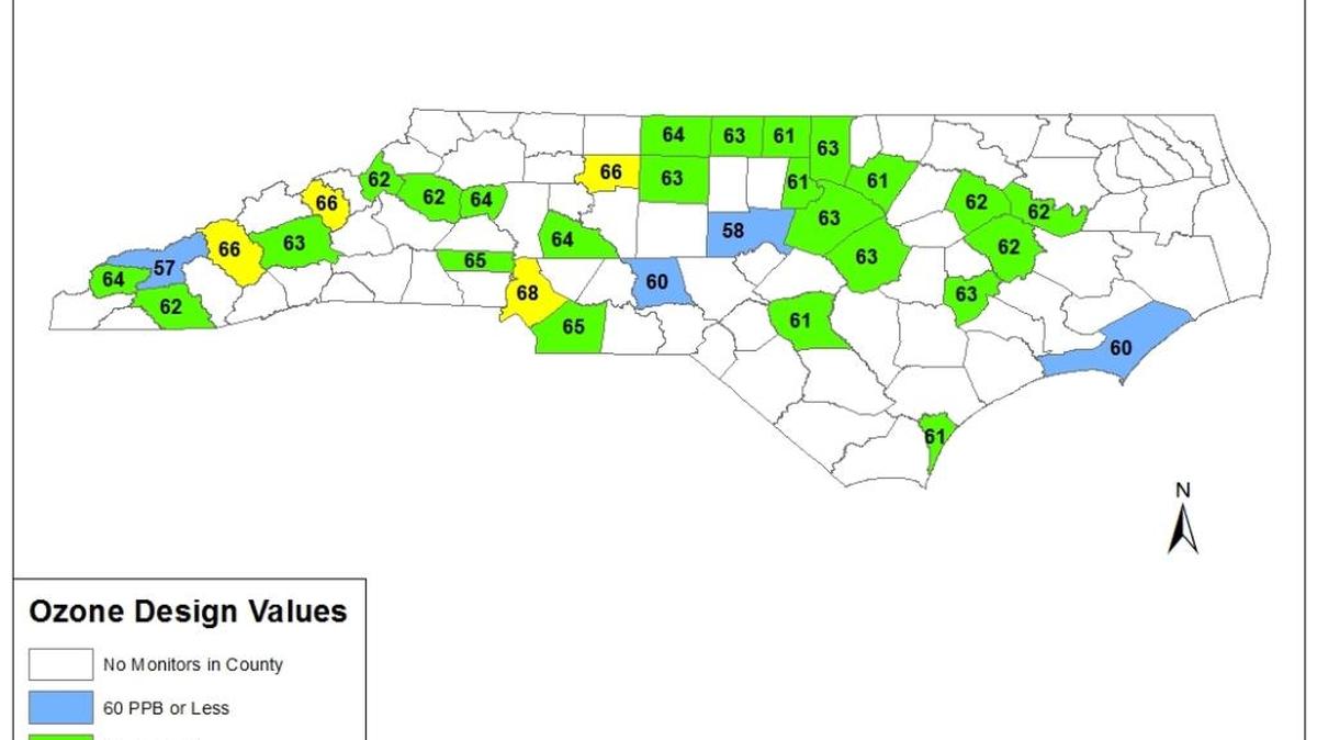 
All of North Carolina including Charlotte would comply with a new 70 ppb ozone standard, based on current values.
