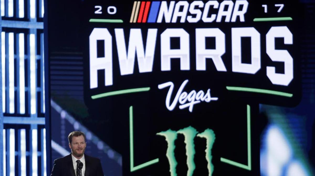 Dale Earnhardt Jr. speaks during the NASCAR Cup Series auto racing awards in Las Vegas on Thursday.