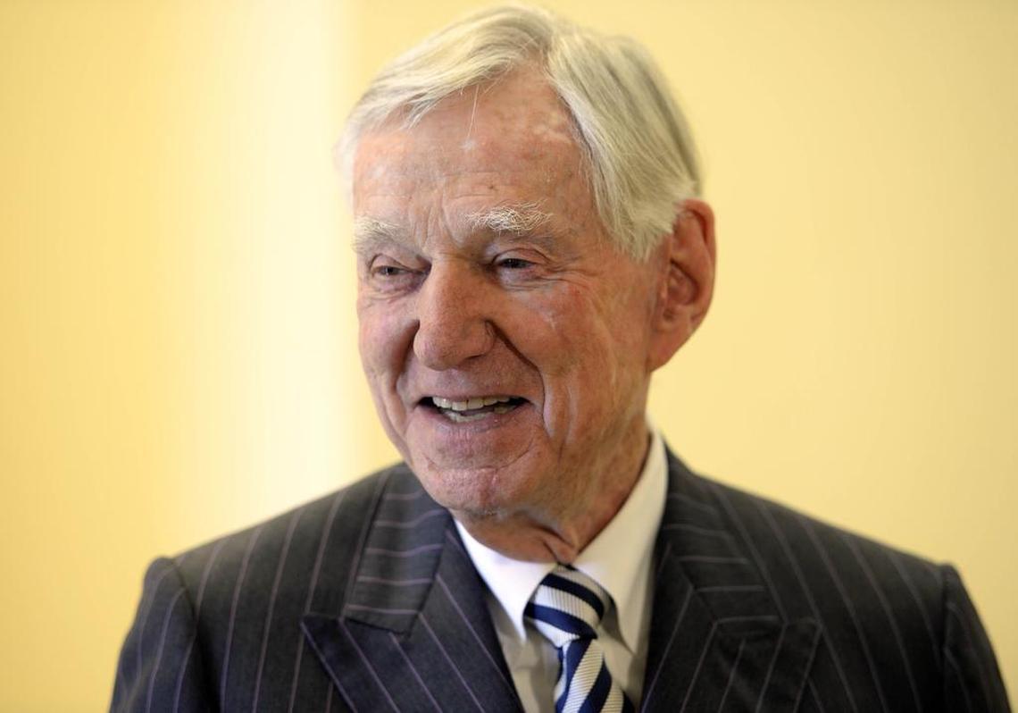 David Murdock, founder of the North Carolina Research Campus and owner of Dole Food Co. Inc., smiles as he talks with the media in 2014 after announcing an endowment that will donate $15 million a year to the research facility.