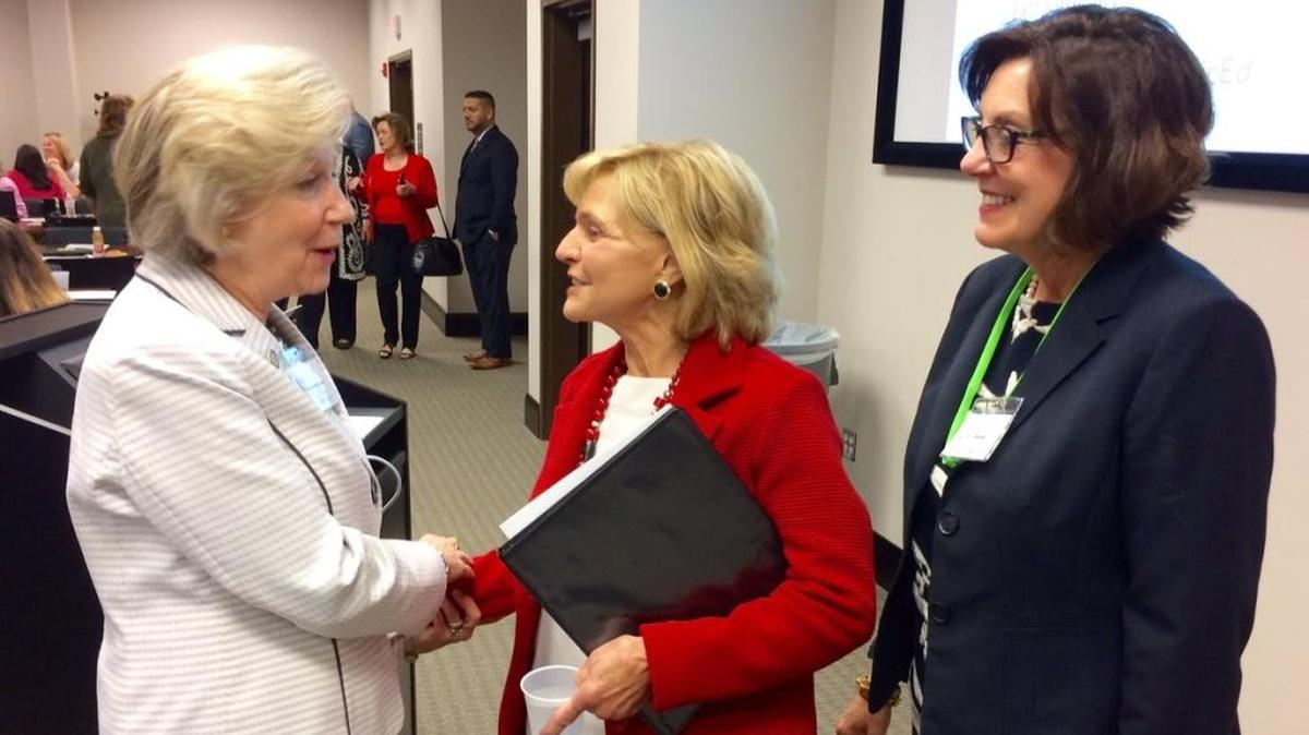 Salisbury Mayor Karen Alexander, left, with former Gov. Beverly Perdue and Rowan-Salisbury Schools Superintendent Lynn Moody in 2017. Alexander died Sunday at age 73.