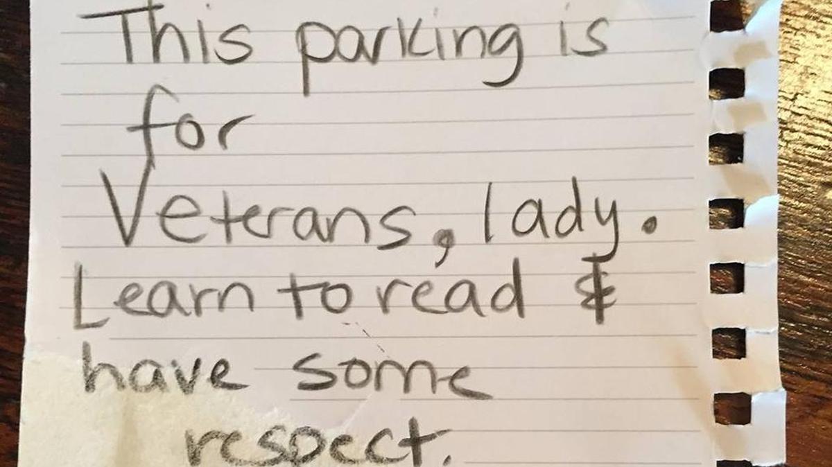 The note that Concord resident and U.S. Navy veteran Rebecca Hayes found on her car after parking in a veteran spot at Harris Teeter.