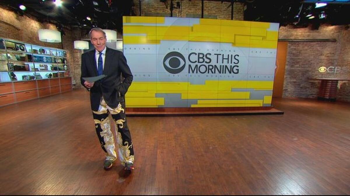“CBS This Morning” co-host Charlie Rose wore a yellow pair of Cam Newton-like pants on the set of the show Tuesday morning.