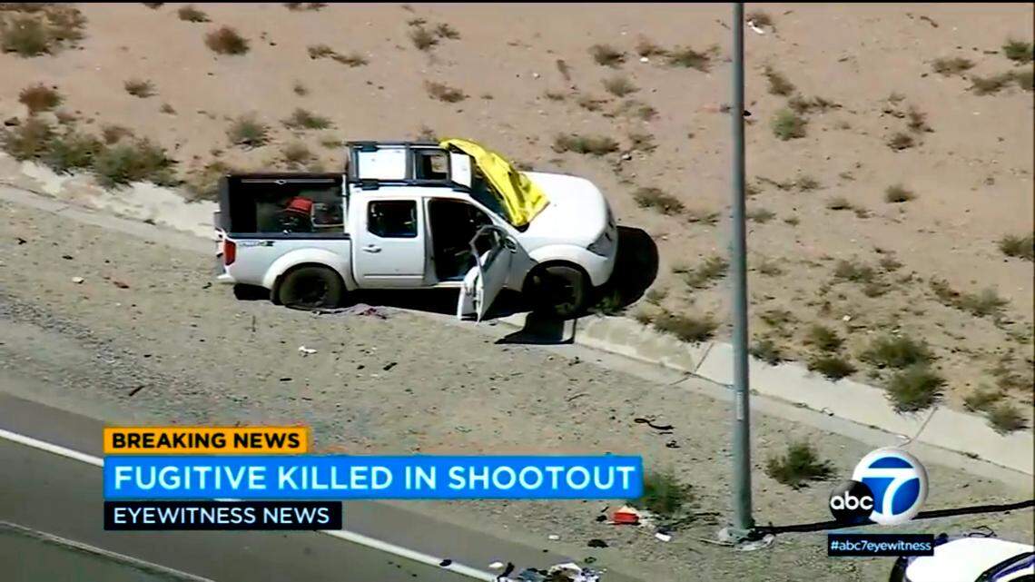 A 45-mile chase on a desert highway ended with a police shootout near Hesperia, California.