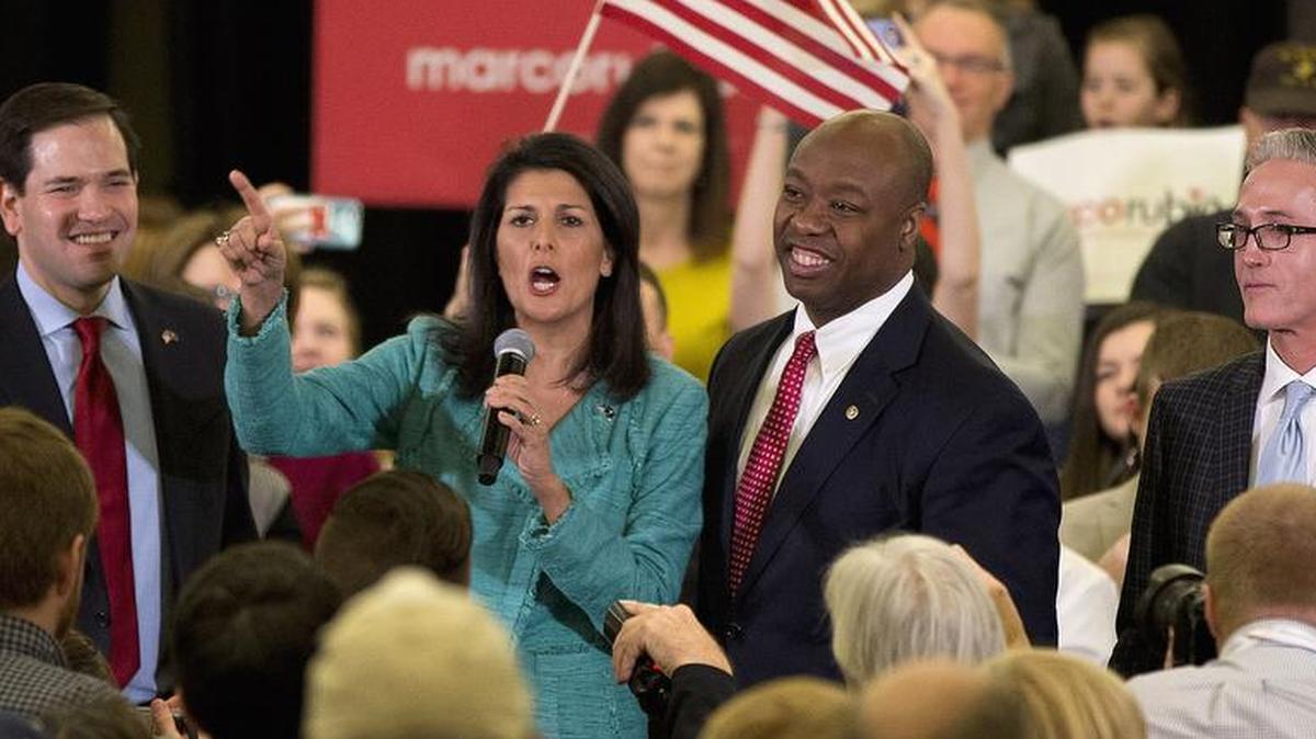 Then-Gov. Nikki Haley and Sen. Tim Scott appeared at a ralley for then-presidential candidate Marco Rubio in Columbia, S.C., on Friday, Feb. 19, 2016. Now, Haley and Scott are both Republican candidates in the 2024 presidential race. (AP Photo/John Bazemore)
