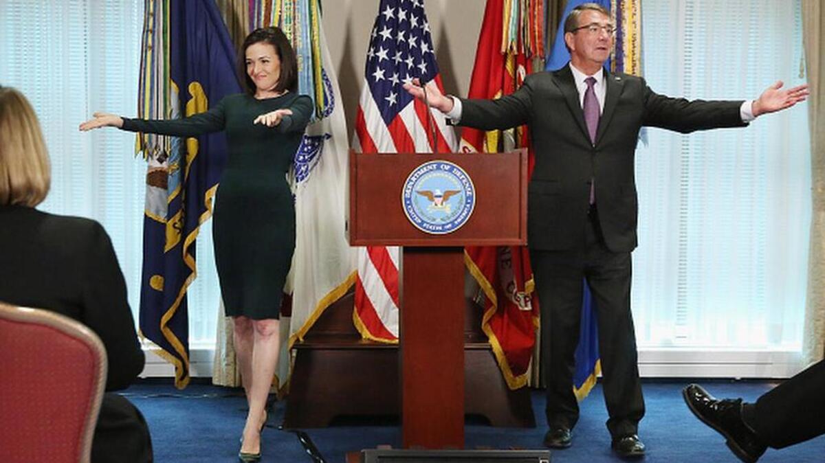 
ARLINGTON, VA - SEPTEMBER 21: Facebook Chief Operating Officer and founder of LeanIn.Org Sheryl Sandberg (L) and U.S. Defense Secretary Ashton Carter thank the female members of the military who participated in a 'Lean In Circle' at the Pentagon September 21, 2015 in Arlington, Virginia. Carter announced that the Department of Defense will now allow and encourage men and women in the armed forces to form and participate in 'Lean In Circles,' small groups of people who meet regularly and offer peer support while talking openly about gender issuses. (Photo by Chip Somodevilla/Getty Images)
