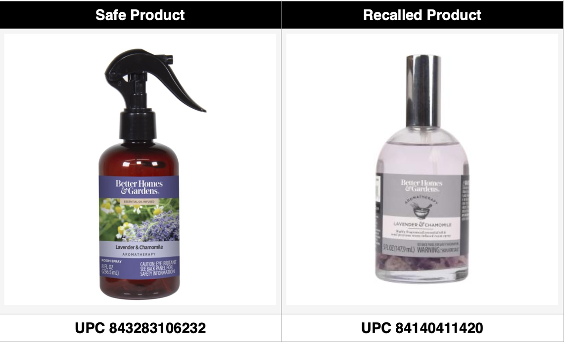 The aromatherapy spray on the right, Better Homes & Gardens-branded “Lavender & Chamomile Essential Oil Infused Aromatherapy Room Spray with Gemstones,” is the one that was recalled by Walmart. The one on the left, “Better Homes & Gardens Essential Oil Infused Room Spray, Lavender & Chamomile,” was not recalled.