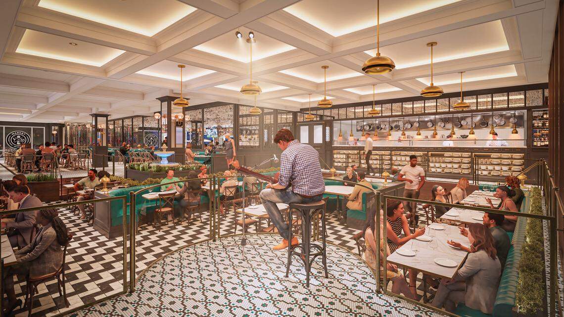 A 3D rendering of the interior of a bustling restaurant with diners seated at tables and booths. In the foreground, a man sits on a stool and plays a guitar, with the restaurant’s open kitchen visible in the background.