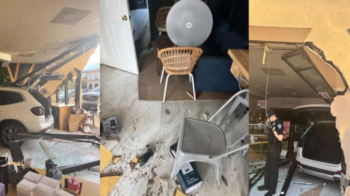 A triptych of photos shows the interior and exterior aftermath of a car crashing through the front of a cafe. The scenes depict a white SUV inside the building amidst broken glass, shattered furniture, and debris.