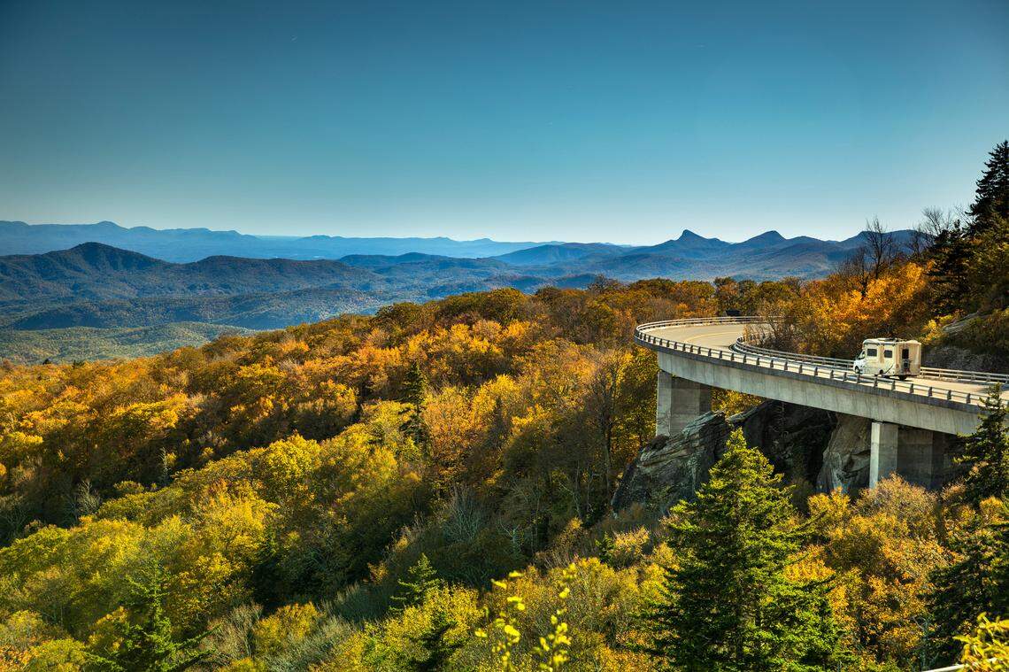 The Linn Cove Viaduct is one of the best-known parts of the Blue Ridge Parkway and offers views of Grandfather Mountain in North Carolina.