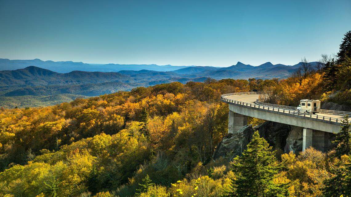 The Linn Cove Viaduct is one of the best-known parts of the Blue Ridge Parkway and offers views of Grandfather Mountain in North Carolina.